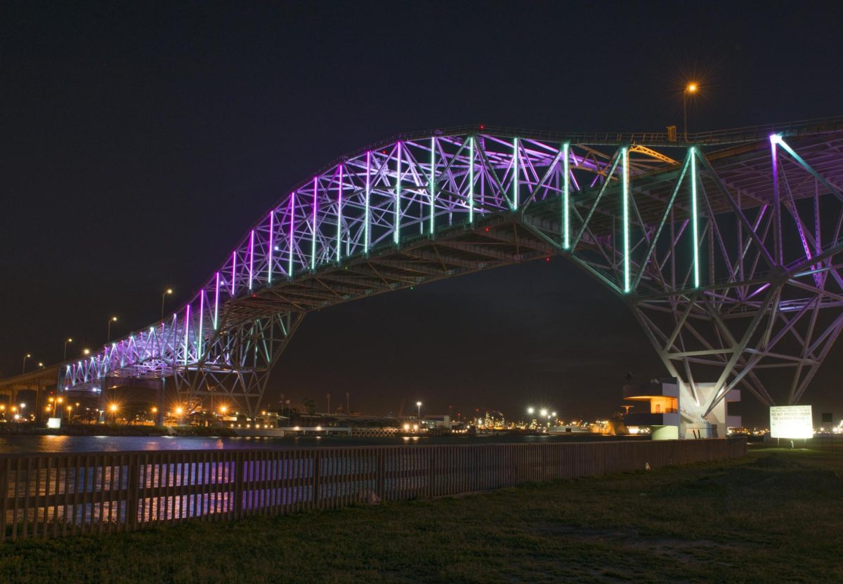 A snapshot of the Corpus Christi Harbor Bridge as it lights up at night.