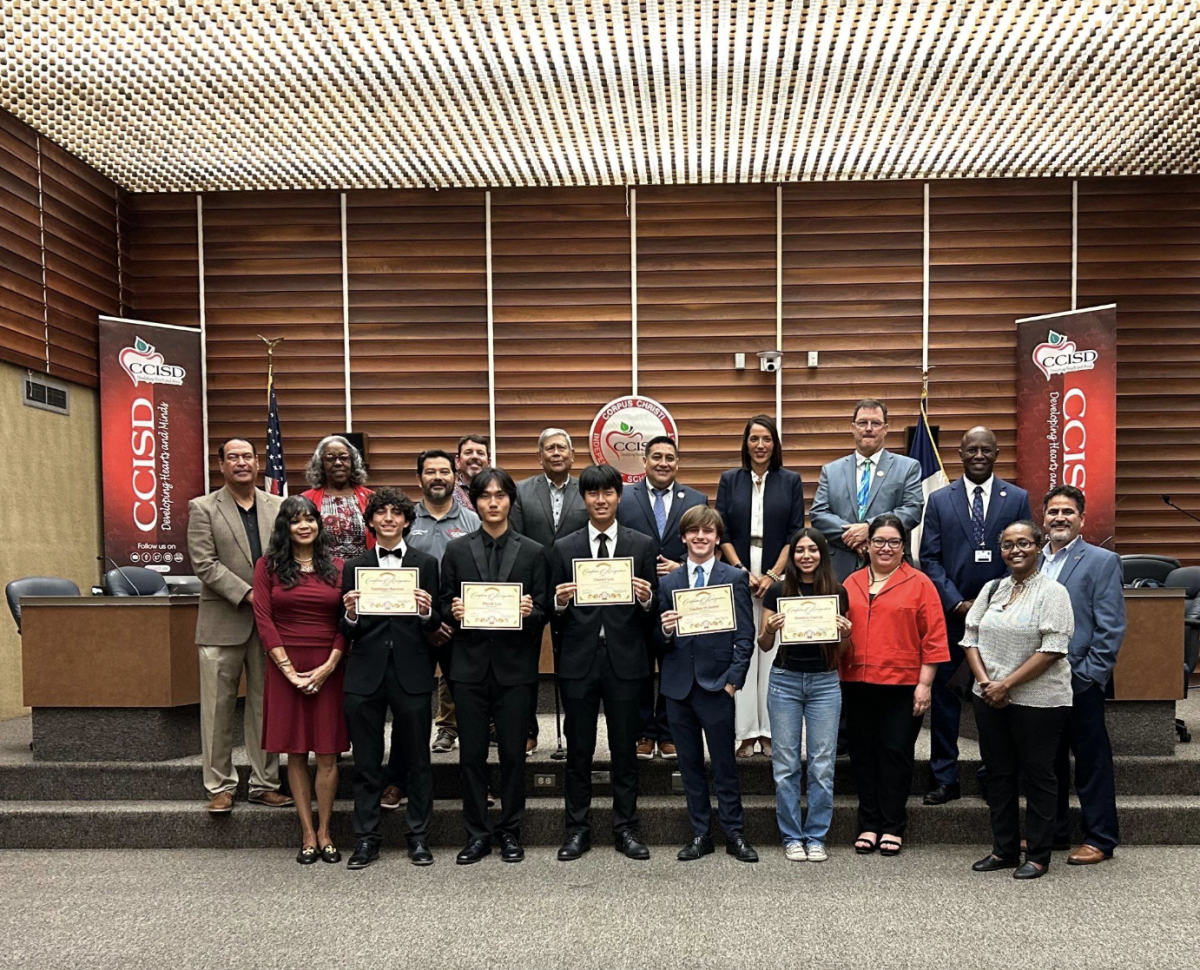 CCISD Board of Trustees recognize Youth and Government (YAG) team members junior Santiago Barron, sophomore David Lee, junior Daniel Lee, and junior Caelan Webster for
qualifying for state in either the judicial or legislative branch. Not all team members were present to accept their award or participate in the photo.