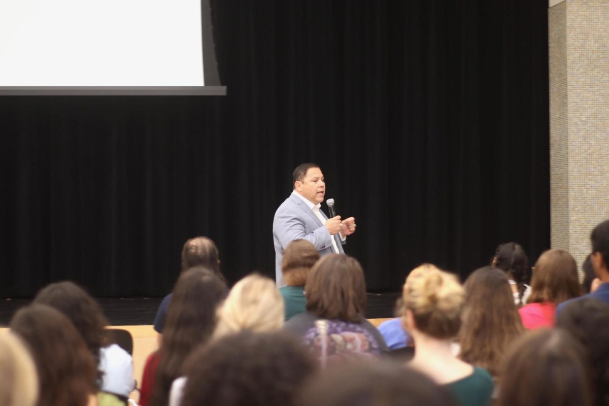 As part of his speech, President and CEO of Kleberg Bank discusses his educational background; he earned his bachelor’s degree in finance from the University of Texas at Austin.